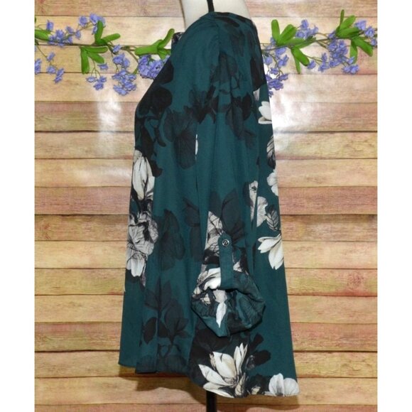 Zac & Rachel Womens Green Floral V-Neck Blouse Plus Size 2X Long Roll Tab Sleeve - Picture 5 of 12